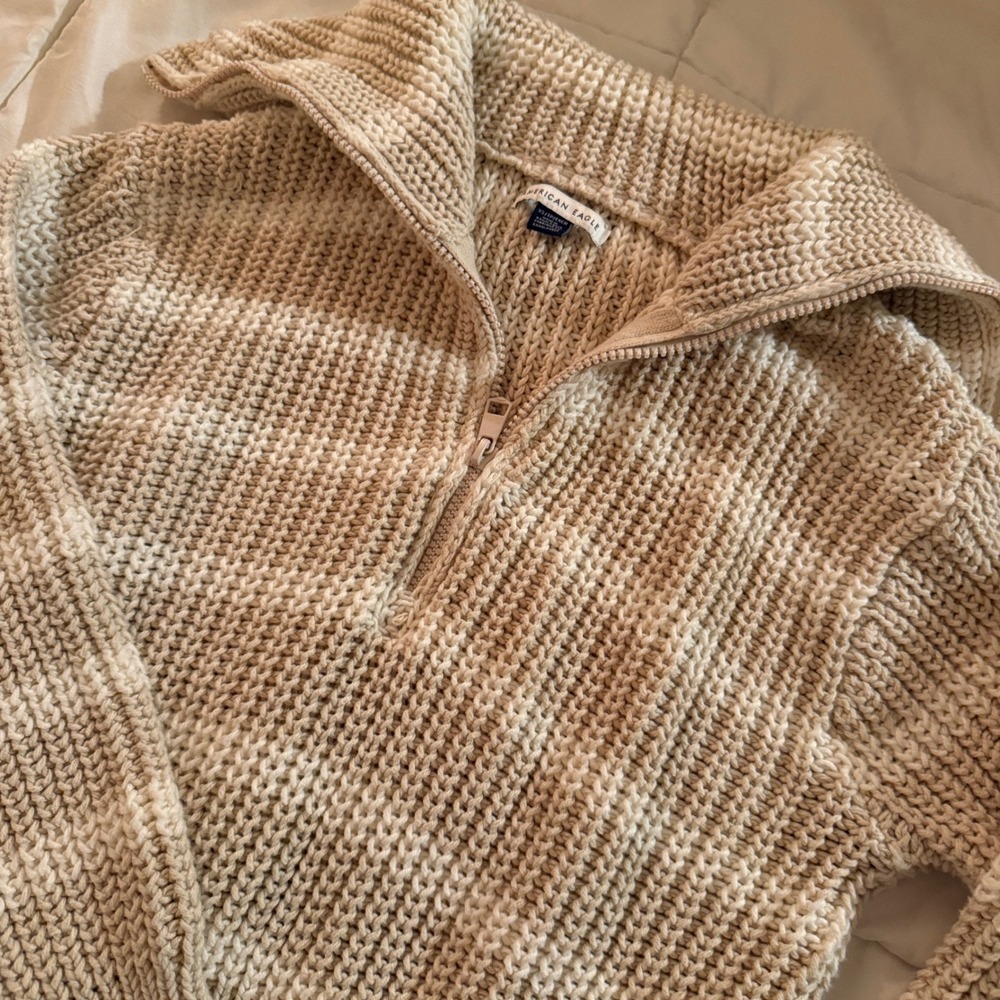 American Eagle‎ Tan Striped Quarter Zip Shaker Knit Sweater XS Neutral Pullover
